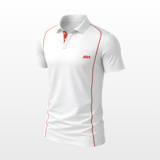 White custom cricket jersey with red accents — IRA Sportswear