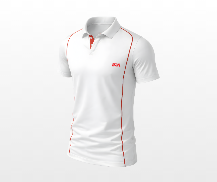 White custom cricket jersey with red accents — IRA Sportswear