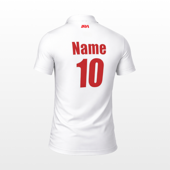 Back of white custom cricket jersey with personalised name and number — IRA Sportswear