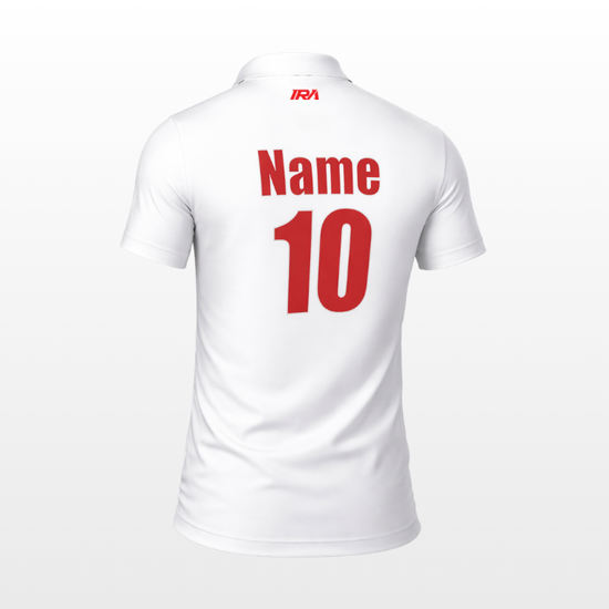 Back of white custom cricket jersey with red name and number — IRA Sportswear