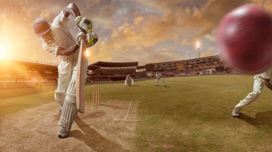 Intense cricket league match action featuring a batsman in custom cricket jersey and cricket whites, facing a fast-approaching ball under a dramatic sunset, capturing the spirit of competitive cricket.