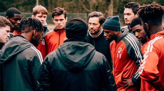 A focused cricket team huddled together in matching red and black sportswear, receiving guidance from their coach, representing team spirit and strategy in competitive cricket.