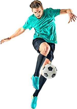 A male soccer player in action, wearing a custom soccer jersey with matching shorts and cleats. Perfect for teams looking for high-quality soccer t-shirt designs, customizable soccer shorts, and professional kits for the game.