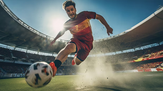 A dynamic action shot of a soccer player in a custom soccer jersey, mid-kick in a packed stadium. Showcasing high-performance soccer t-shirts, customizable soccer shorts, and team jerseys designed for speed, agility, and comfort on the field.