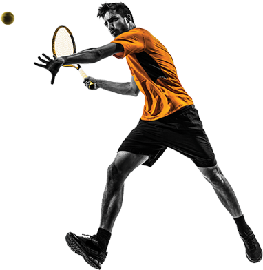 A high-contrast silhouette of a male tennis player in an action pose, wearing an orange Custom T-shirt and black shorts, dynamically hitting a tennis ball with a racket. This animated image is used in the "Choose Sports" section of the website to enhance visual engagement.