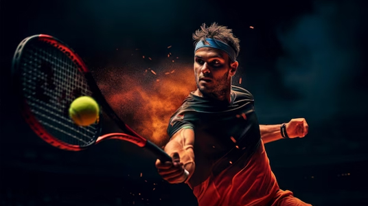 An intense action shot of a tennis player in a custom tennis outfit, striking the ball with precision. Featuring high-performance tennis clothing, including a stylish tennis shirt, headband, and breathable apparel designed for agility and comfort on the court.