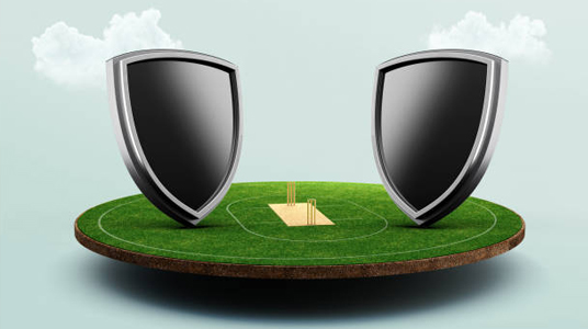 A symbolic representation of cricket tournaments featuring two metallic shields on a floating cricket field, highlighting competitive team battles and championship glory in the world of cricket.